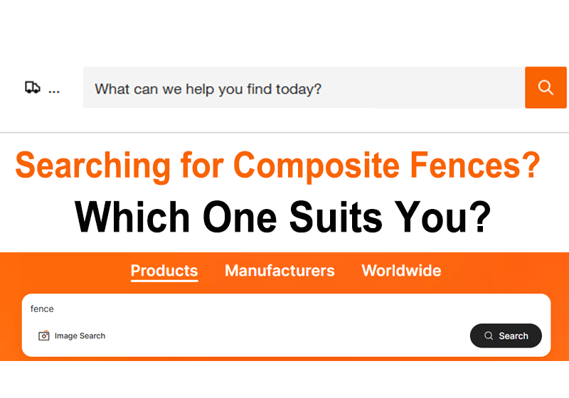 Graphic comparing Home Depot retail search vs. Alibaba manufacturer sourcing for composite fencing, titled Home Depot vs. Alibaba: Which One Suits You.