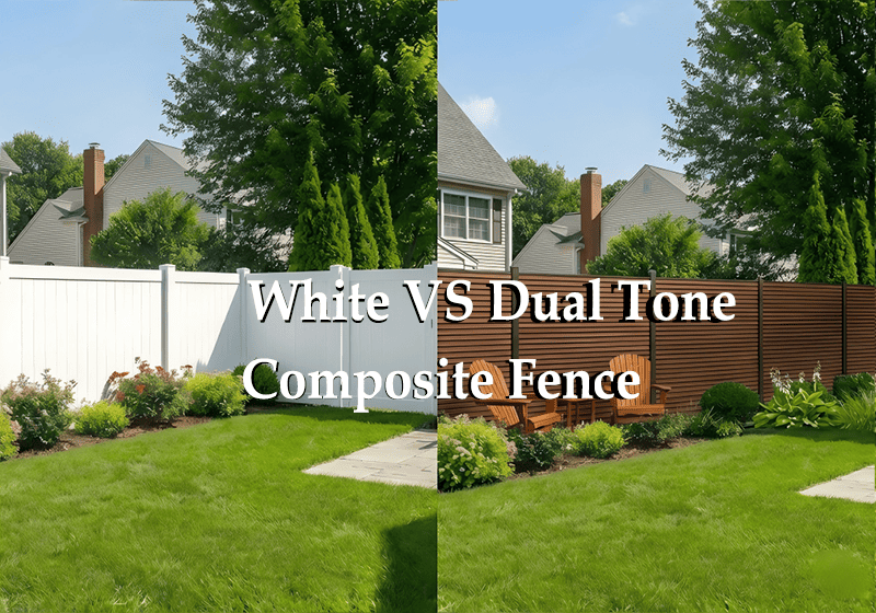 Visual comparison: White vinyl fencing panels vs. Mecofence dual-tone composite fence for garden privacy.