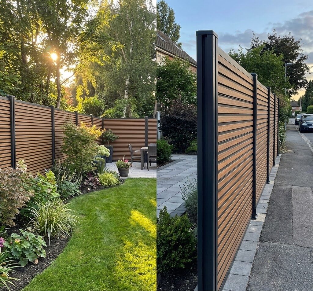 Modern horizontal dual tone composite fence with black posts installed in a garden, showing the neighbor friendly privacy fence design