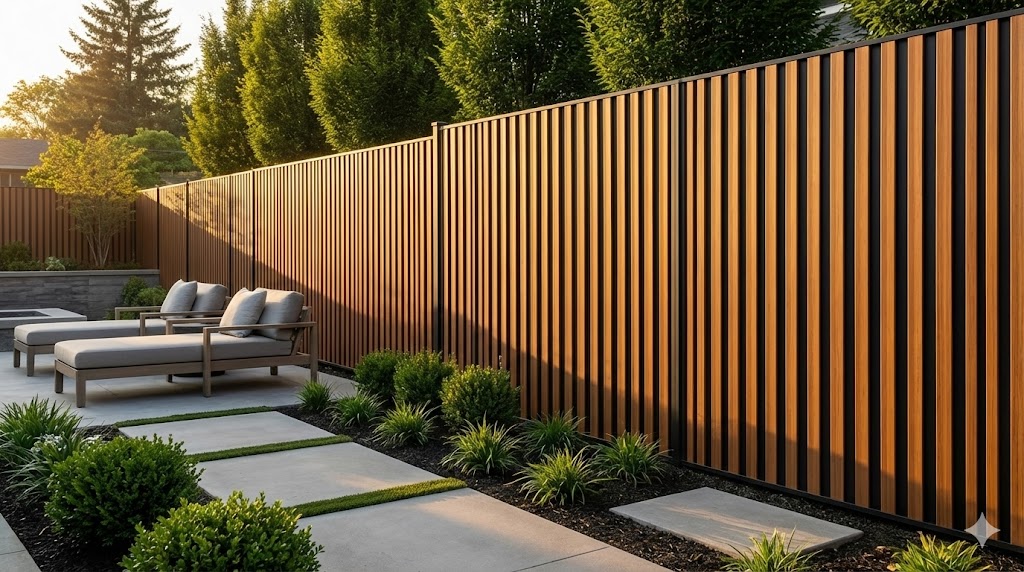 Modern luxury backyard featuring a Dual-Tone Composite Fence with fluted wood-look panels and black aluminum posts, illustrating the top design trend for 2026.