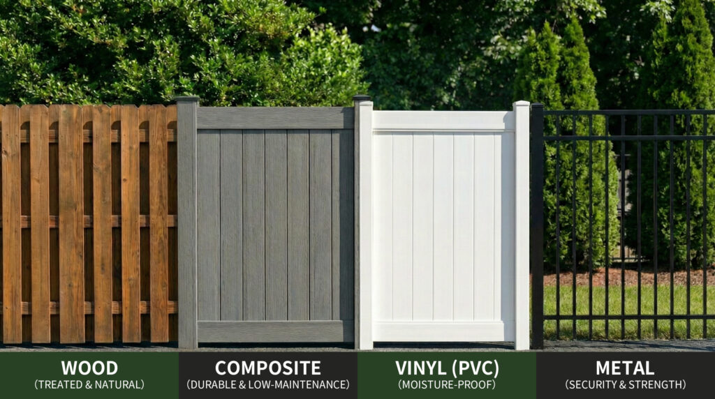 A side-by-side comparison of four durable fence panel board types: natural wood pickets, grey composite boards, white vinyl panels, and black metal fencing, designed for the Mecofence expert guide.