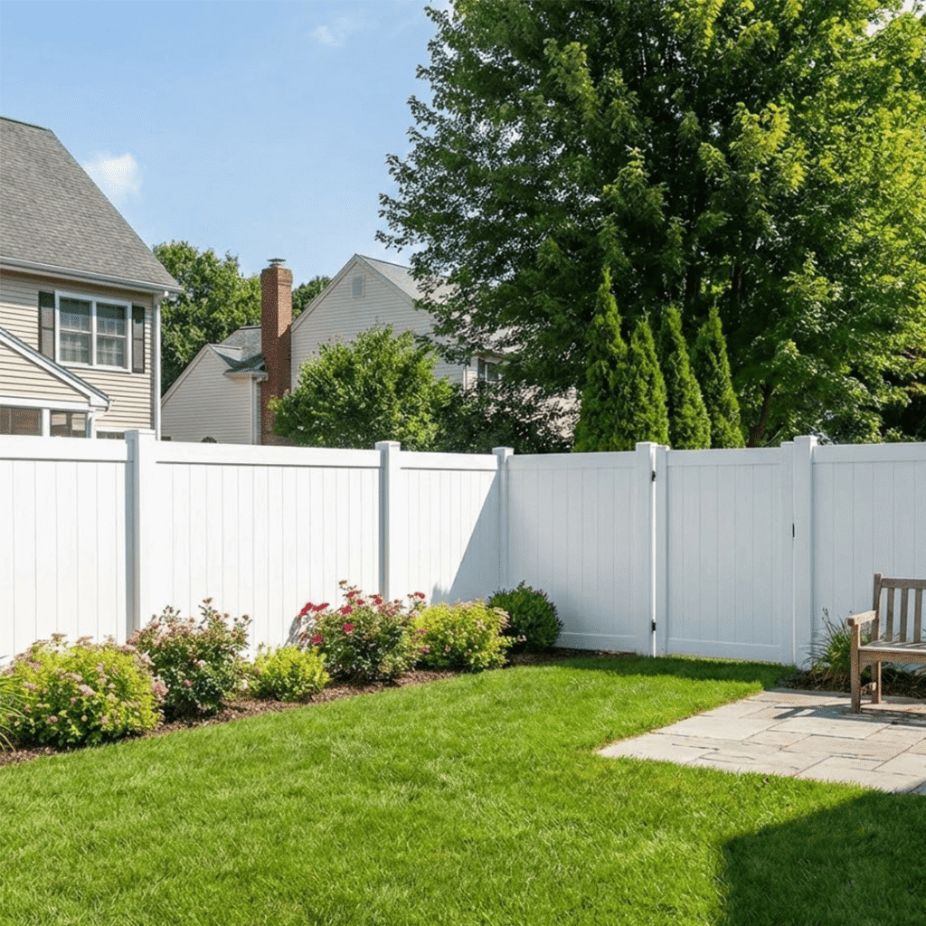 A sunny suburban backyard featuring a clean white vinyl privacy fence with landscaping, green lawn, and a patio bench. Perfect example of classic fence design.