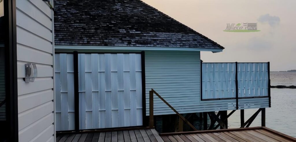 MecoFence Front Fascia Deck Bracket mounted to the side rim joist of an elevated deck, allowing for a sturdy composite fencing installation that maximizes usable floor space without cluttering the deck surface.