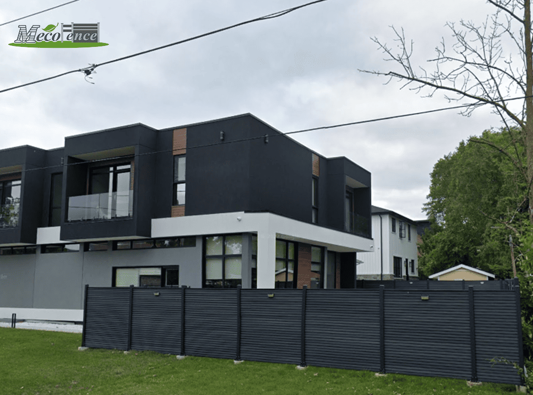 Modern MecoFence composite privacy fencing enhancing curb appeal and increasing real estate ROI for a contemporary home.