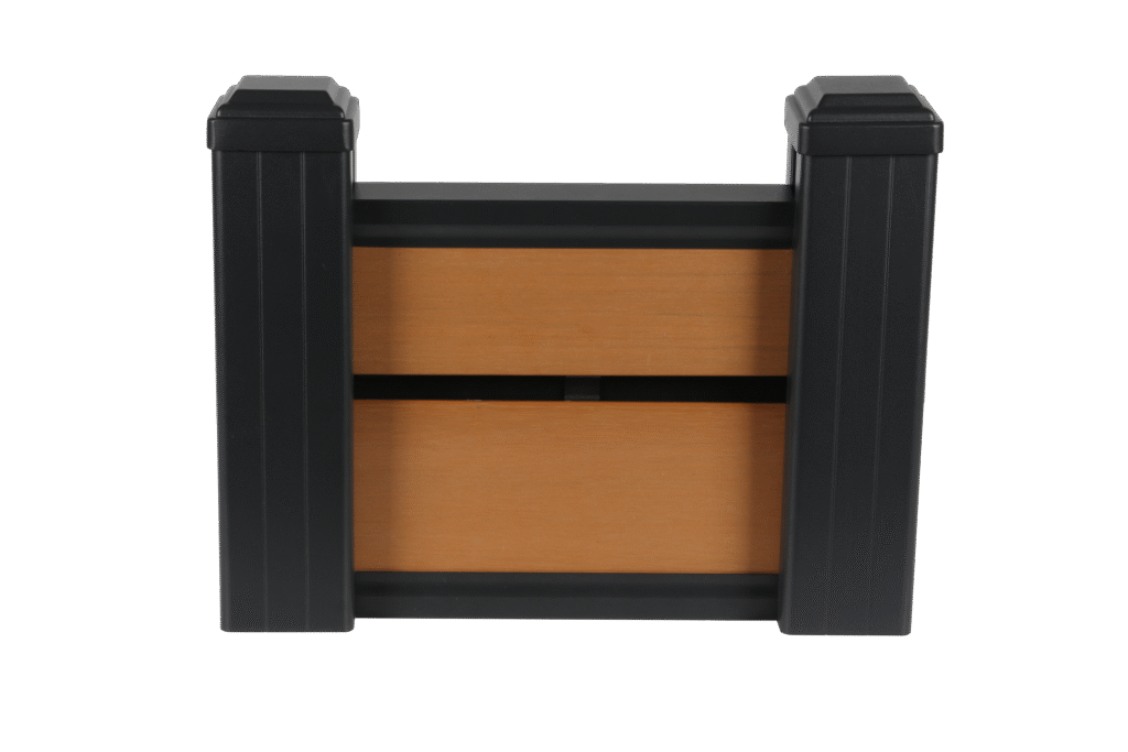 MecoFence Teak Co-extrusion PVC Fence kit in sample style with complete installation