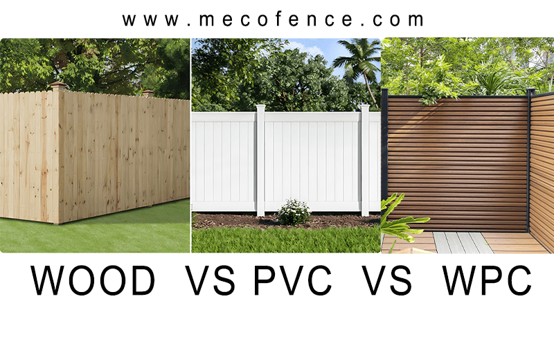 Side-by-side ROI comparison of traditional Wood, PVC Vinyl, and MecoFence WPC Composite fencing.