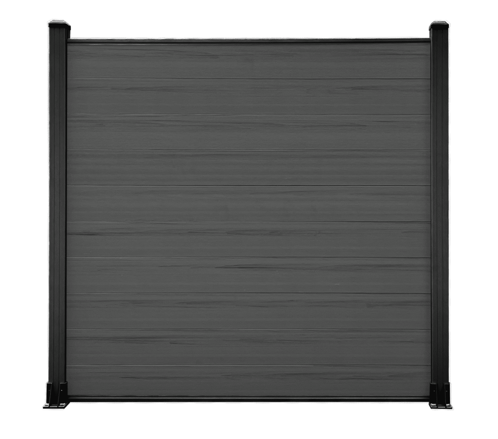 Dark Grey co-extrusion composite fencing with visible wood grain texture and easy-install aluminum posts