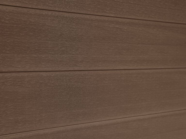Mecofence classic walnut dark brown composite fence board for backyard privacy.