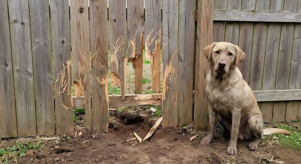 A muddy dog sitting next to a destroyed wooden fence with broken slats and a large dug hole, illustrating why standard wood fences fail the pet test.
