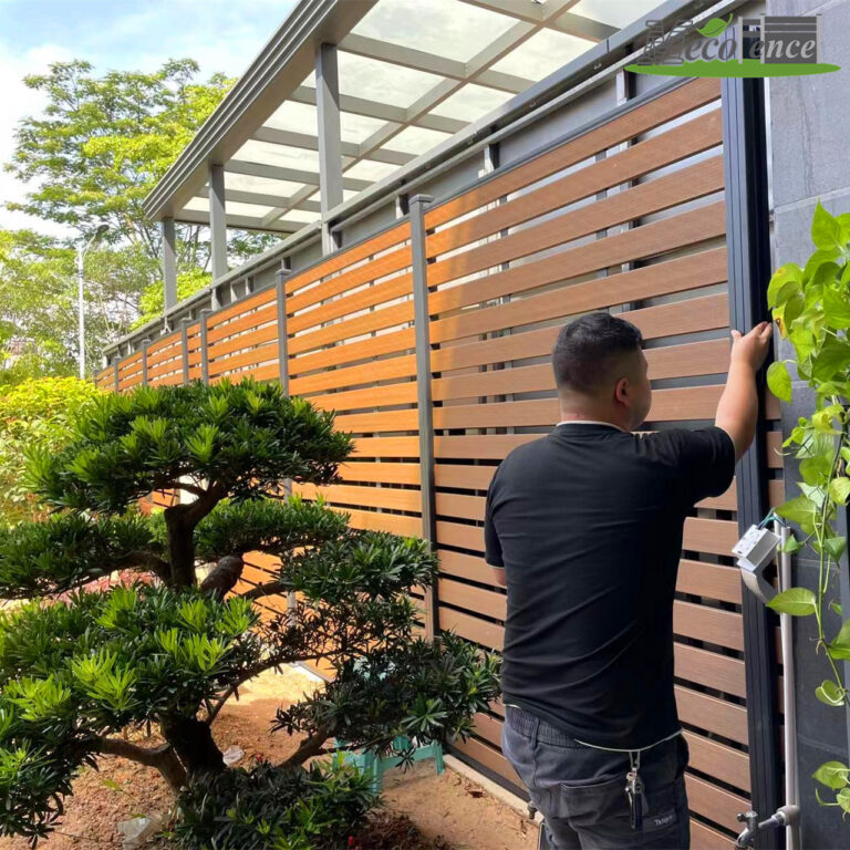 mecofence full trellis composite fence teak