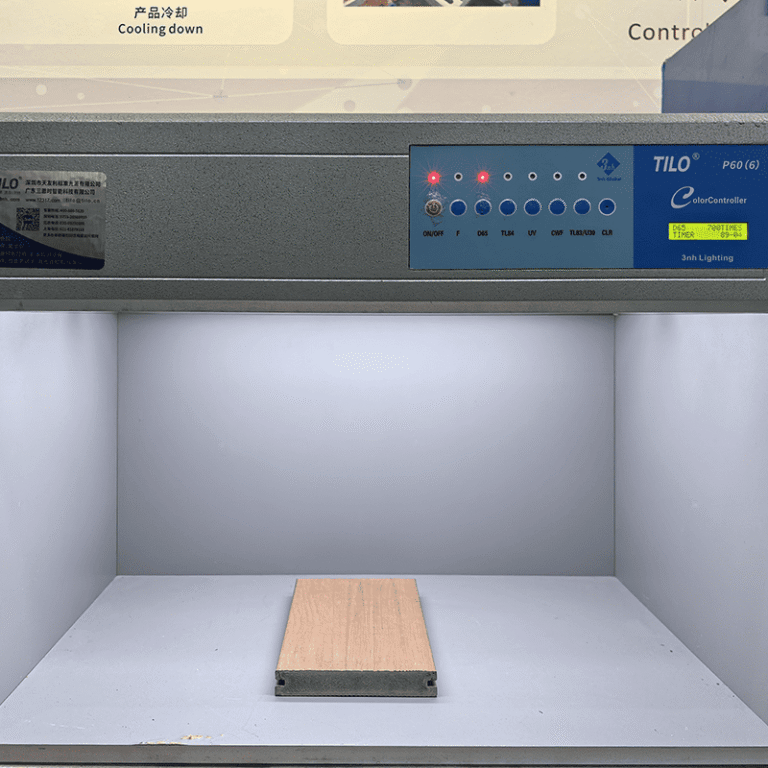 Multi-spectrum color assessment cabinet used by premium composite fence manufacturer MecoFence, ensuring absolute batch-to-batch visual consistency under various lighting conditions.