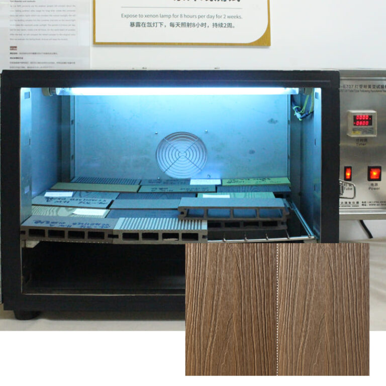 Accelerated UV aging test on MecoFence composite fencing surface, guaranteeing long-lasting color stability and superior fade resistance.