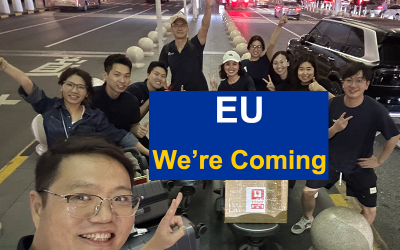 MecoFence team with luggage and product samples at the airport, departing for the 2026 European composite fence business trip across 6 countries