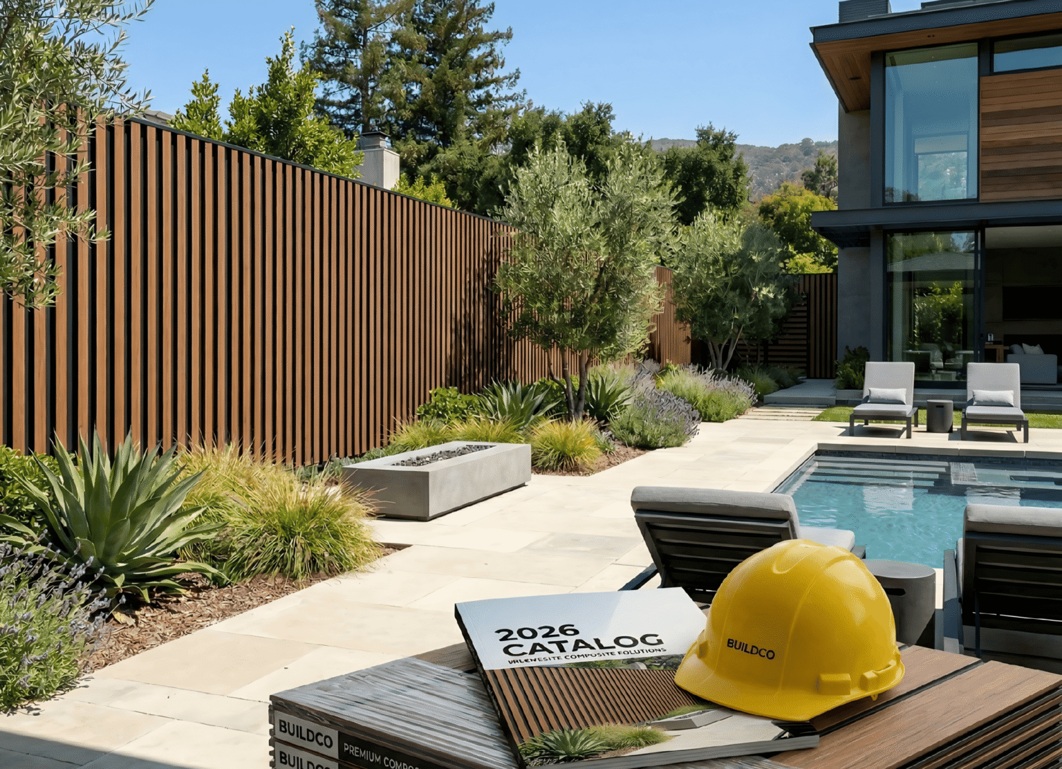 A professional contractor holding the 2026 MecoFence B2B catalog, standing next to pallets of modern wholesale composite fencing & gate materials.