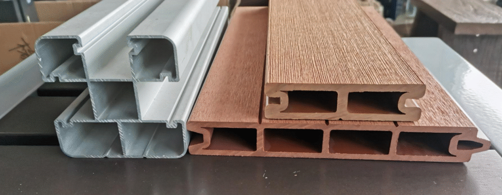 Cross-section comparison of MecoFence 24mm thick composite fence board vs standard thin board showing internal chamber structure
