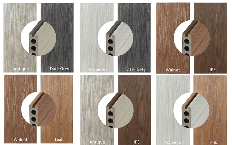 Six dual-color composite fence board combinations showing cross-section and surface texture — Antique/Dark Grey, Ashwood/Dark Grey, Walnut/IPE, Walnut/Teak, Antique/IPE, Ashwood/Teak — MecoFence co-extrusion customized color design