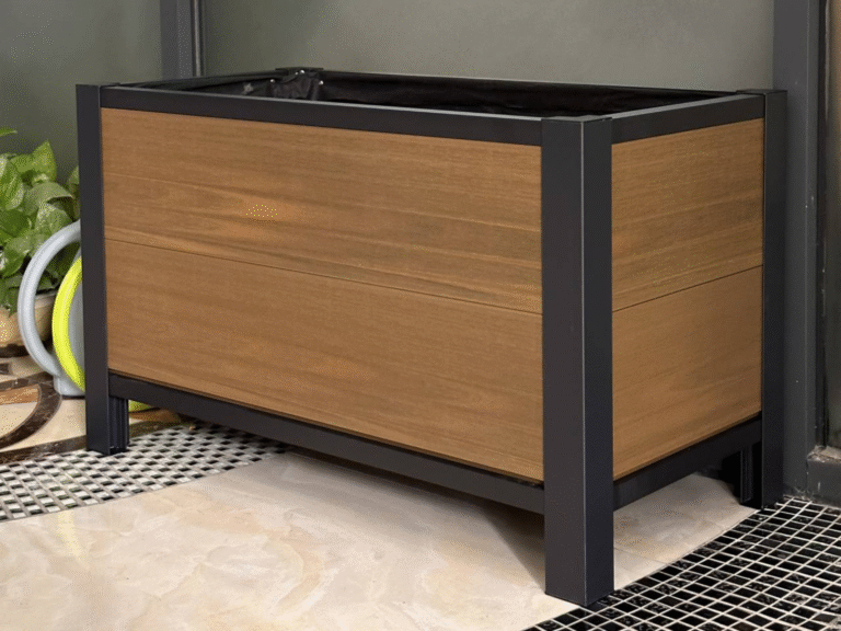 Custom size WPC composite planter box with solid privacy panels in teak wood tone and black aluminum frame