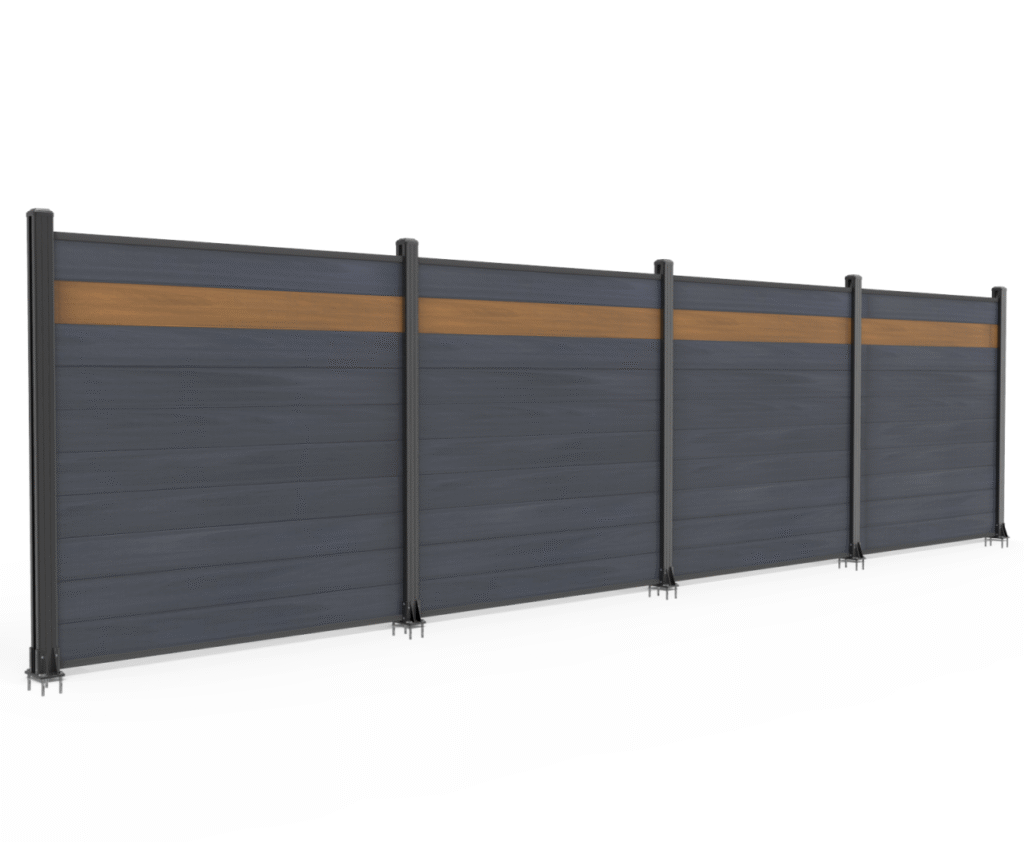 Dual-color composite privacy fence panel showing dark grey on one side with a teak accent stripe — MecoFence co-extrusion technology