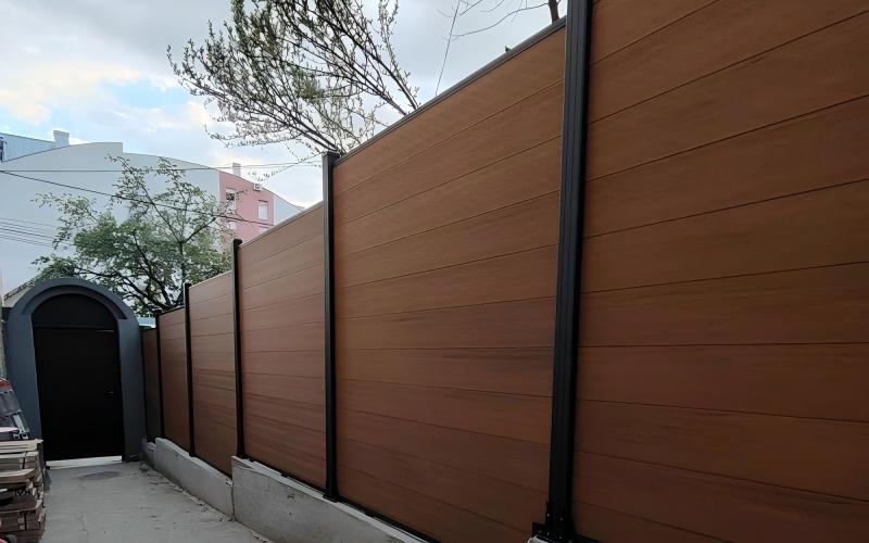 MecoFence Privacy Composite Fence Project Feedback on Concrete Walls Teak