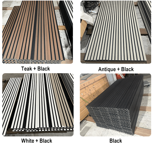 WPC fence dual-tone slat panel color options: Teak+Black, Antique+Black, White+Black, and Black from MecoFence factory stock