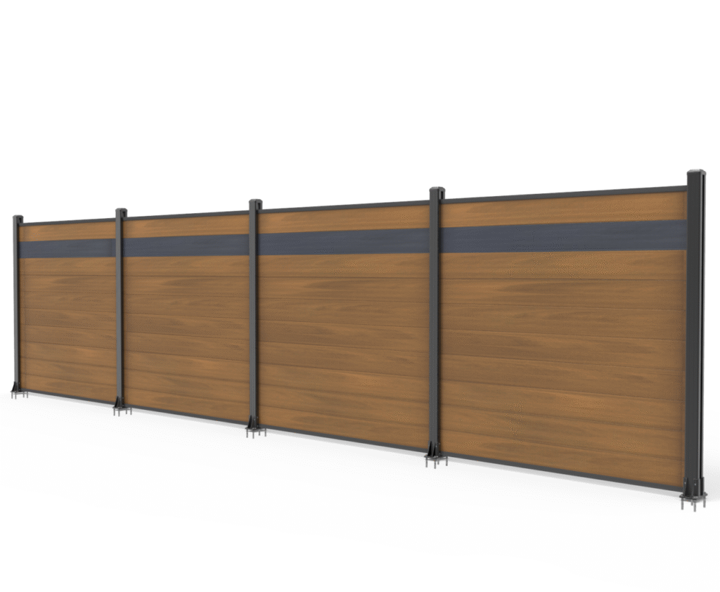 Dual-color composite privacy fence panel showing teak on one side with a dark grey accent stripe — MecoFence co-extrusion technology