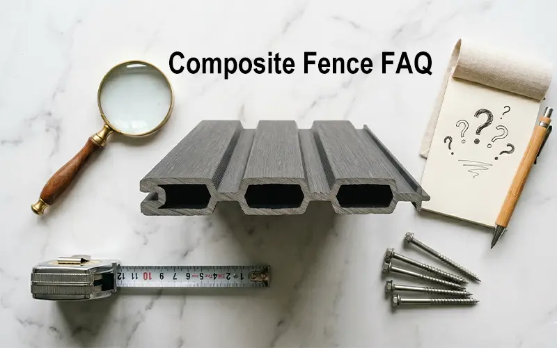 Cross-section view of composite fence components including fluted WPC board, privacy fence panel, aluminum Y-slot post, and interlocking slat board showing hollow chamber profiles