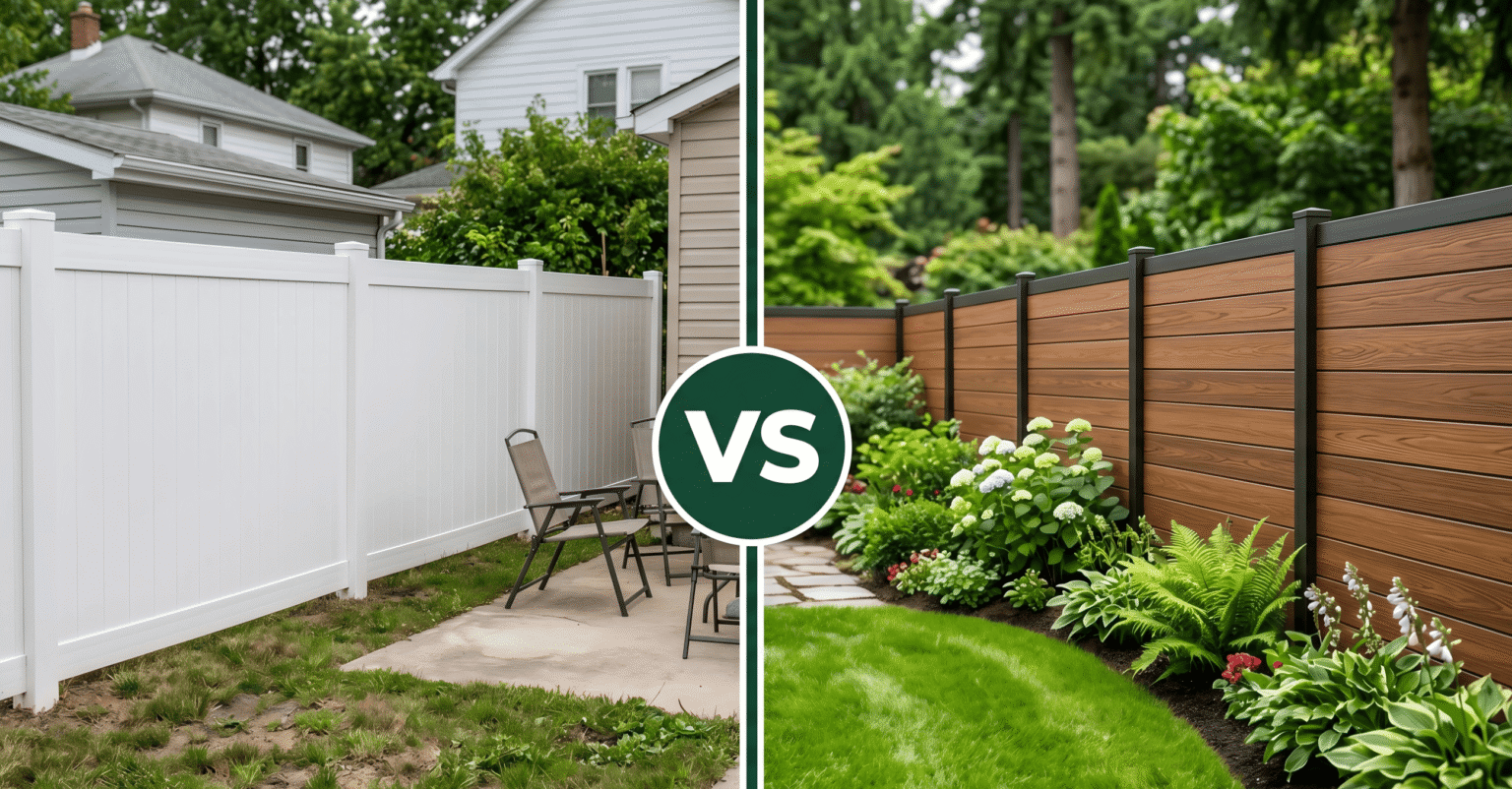 Composite fence vs vinyl fence side-by-side comparison showing wood-grain WPC panels and white PVC panels