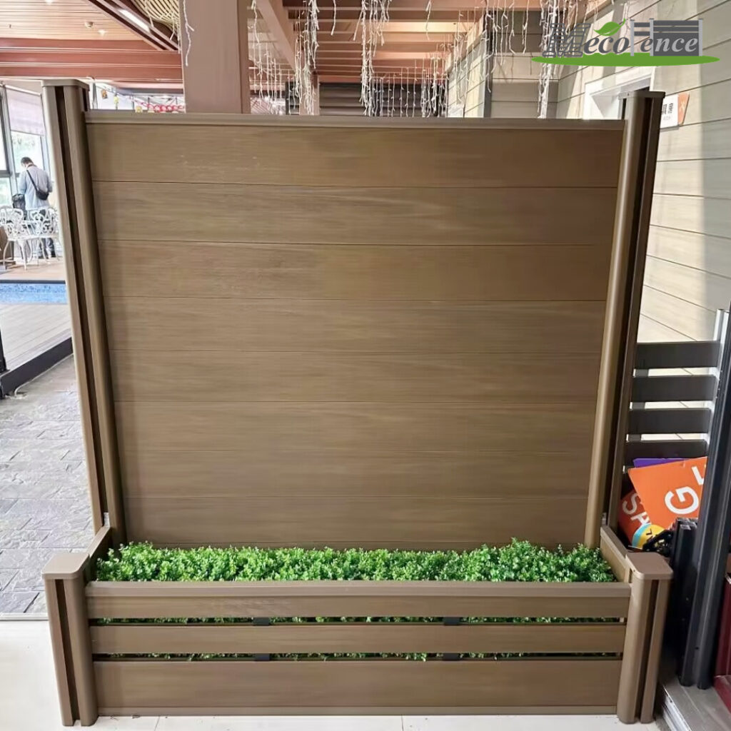 Teak wpc-planter-box-privacy-screen-panel-golden-brown-trade-show