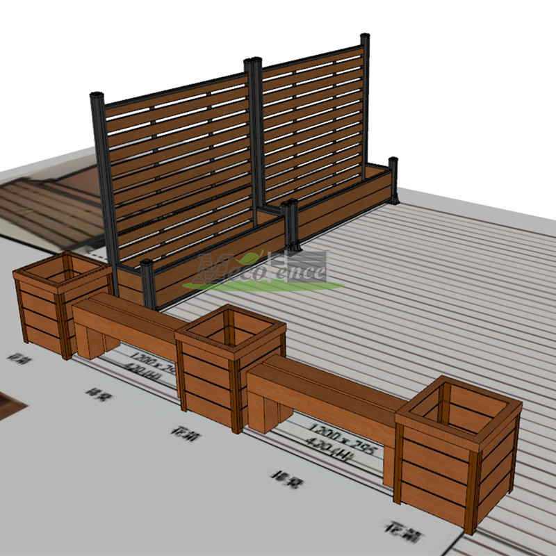 3D design render of WPC trellis planter box system with multiple square planter boxes arranged on composite decking