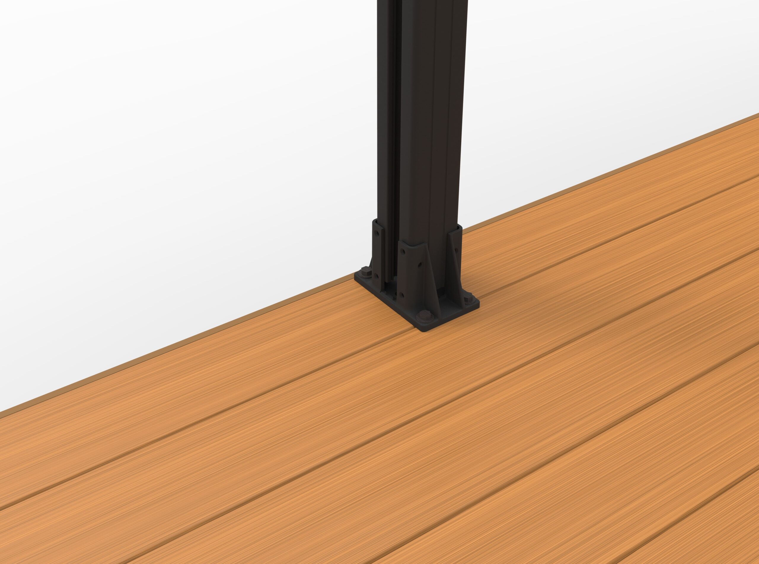 MecoFence deck anchoring installation — base plate bolted to composite decking