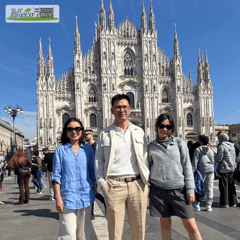 MecoFence team at Milan's Duomo Cathedral during the 2026 European composite fence market research trip