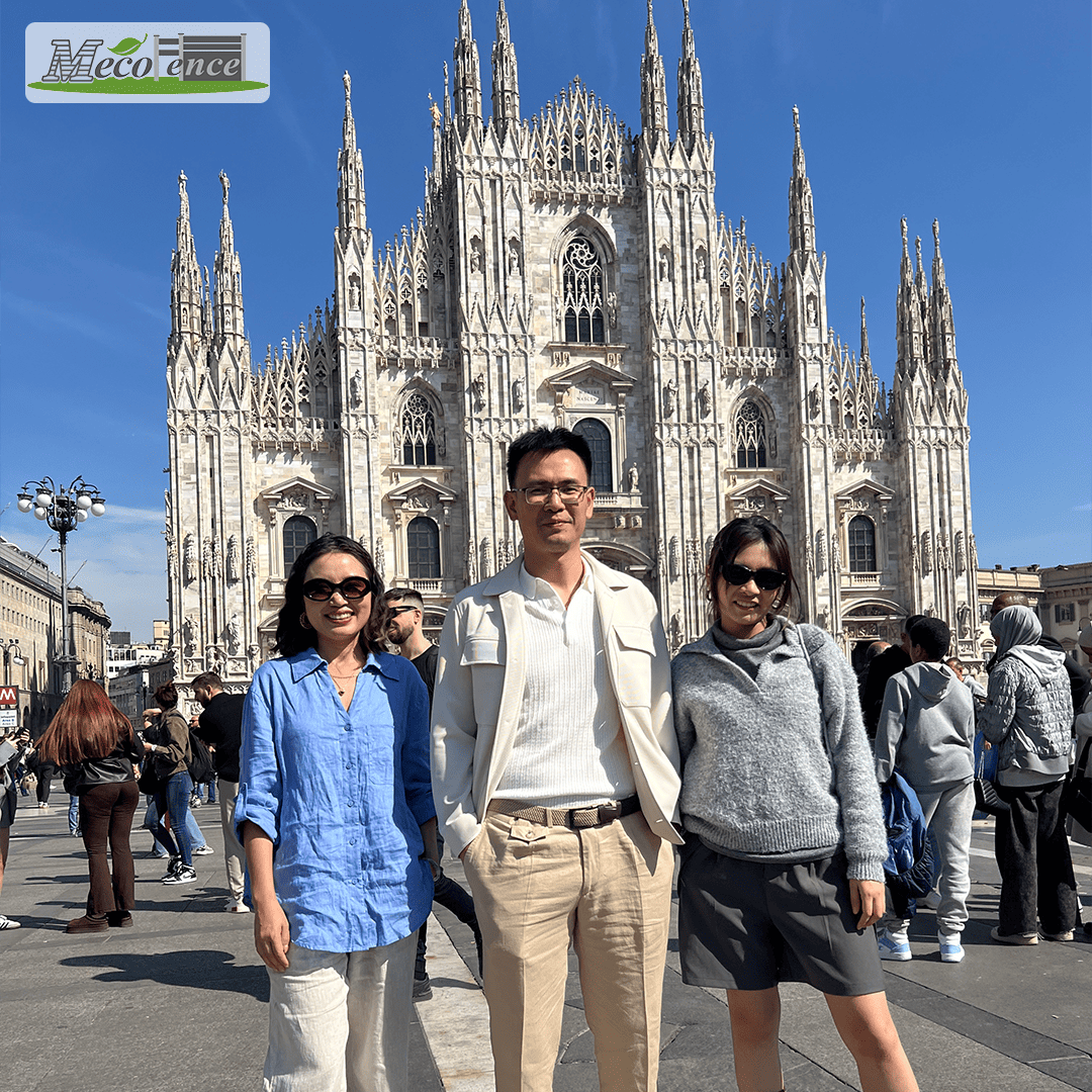 MecoFence team at Milan's Duomo Cathedral during the 2026 European composite fence market research trip
