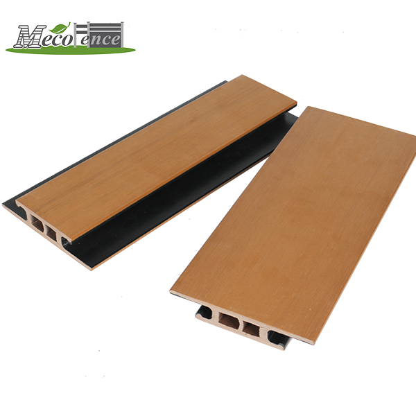Teak-colored ASA-capped PVC fence board profile.