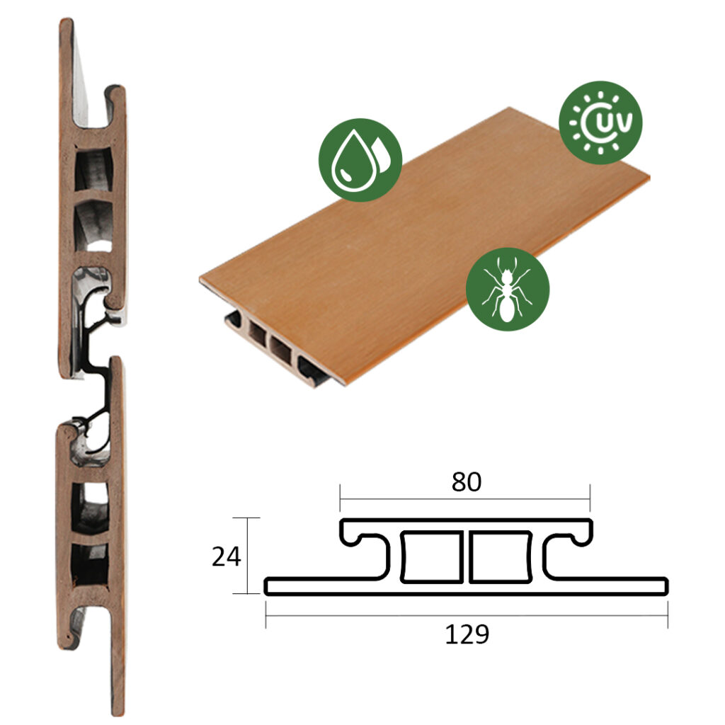 Cross-section of ASA co-extrusion PVC fence board showing the interlocking airflow profile and 24 mm, 80 mm and 129 mm dimensions