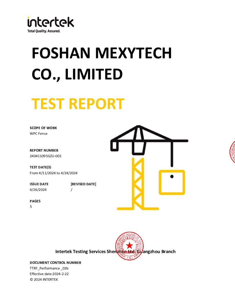 Cover of Intertek report 240411095GZU-001 for WPC fence wind resistance test