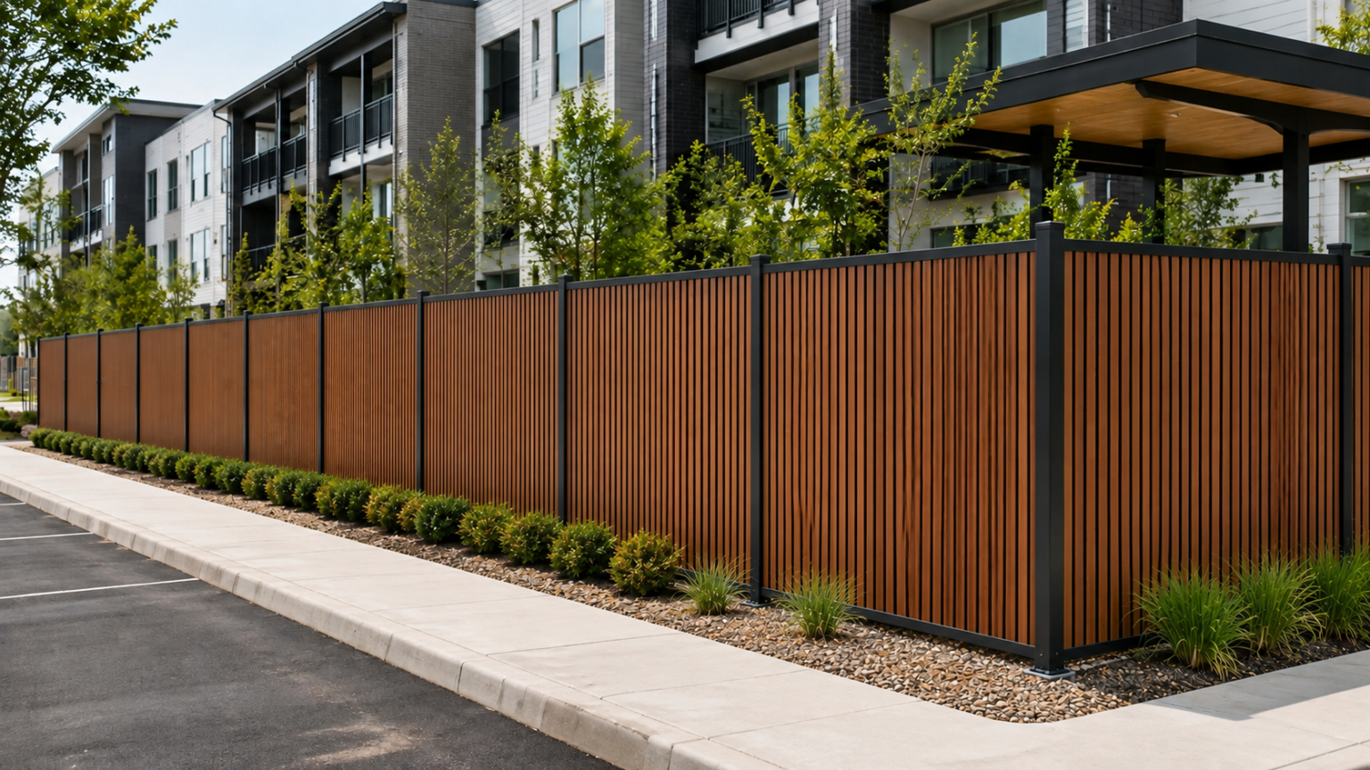 Composite privacy fence installed along a U.S. multifamily apartment project with vertical wood-tone slats and dark aluminum posts.