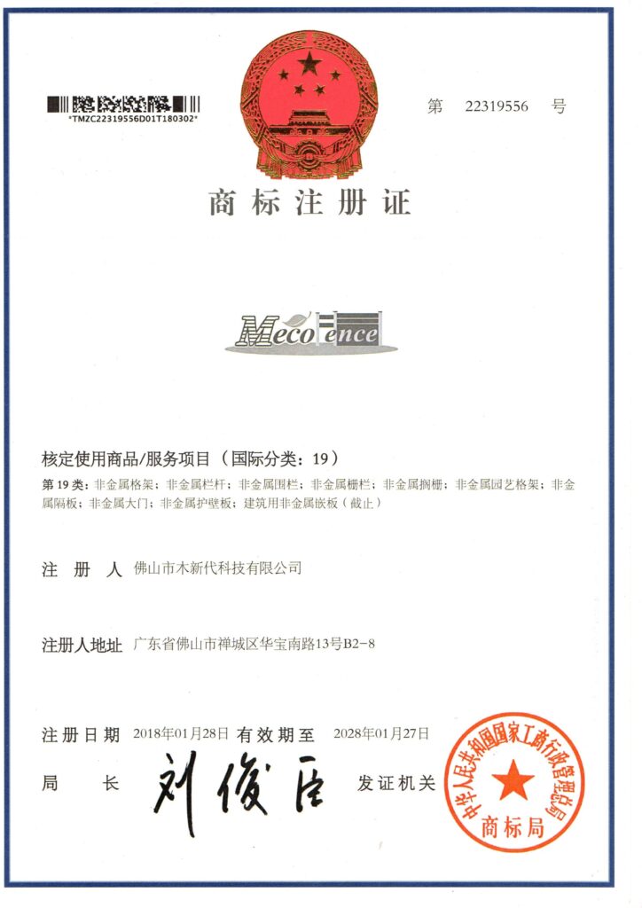 MecoFence Trademark Registration Certificate No. 22319556
