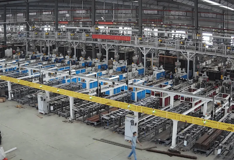 Inside the MecoFence — rows of WPC composite fence extrusion production lines