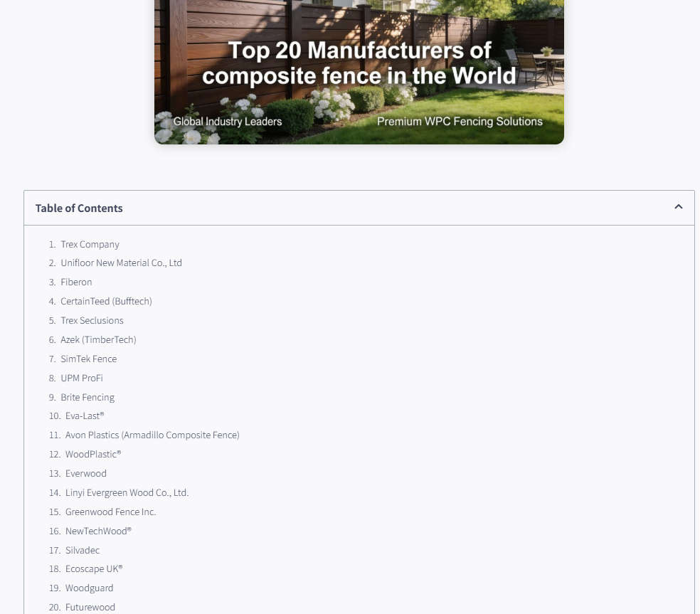 Manufacturer-ranking article with separate entries for Trex Company and Trex Seclusions.