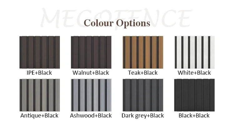 Eight fence finish references: IPE, Walnut, Teak, White, Antique, Ashwood, Dark Grey and Black paired with black grooves