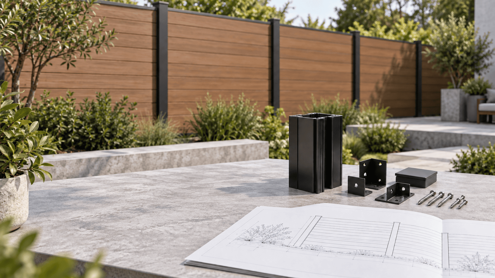 Composite fence system components and technical layout drawing beside a completed privacy fence.