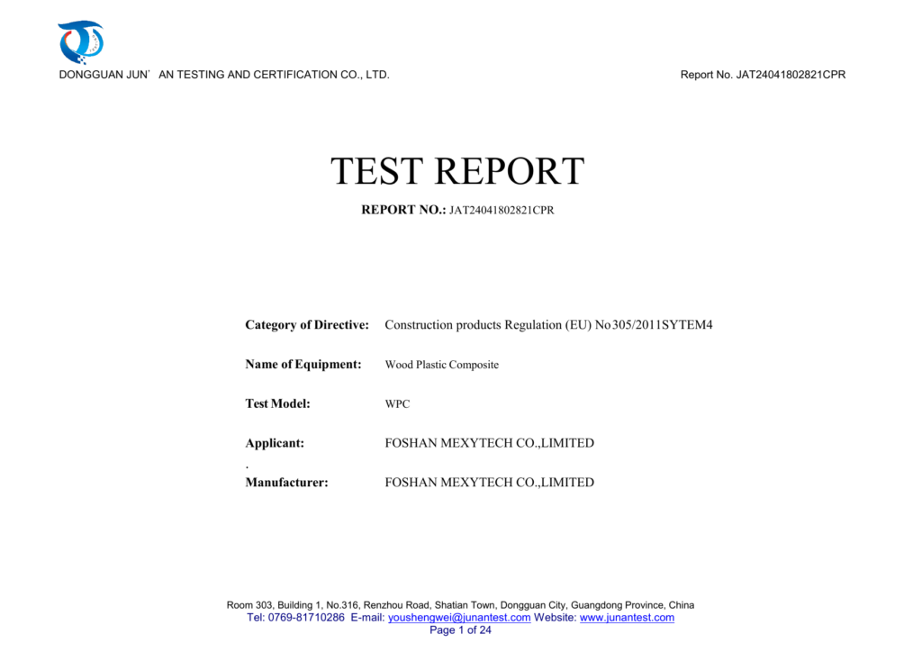 Cover of Dongguan Jun'an report JAT24041802821CPR for Wood Plastic Composite (WPC)