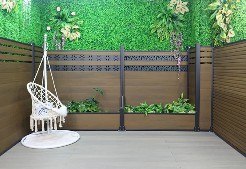 Mecofence composite privacy fence with integrated flower planter and hanging chair, creating a stylish and eco-friendly outdoor garden space
