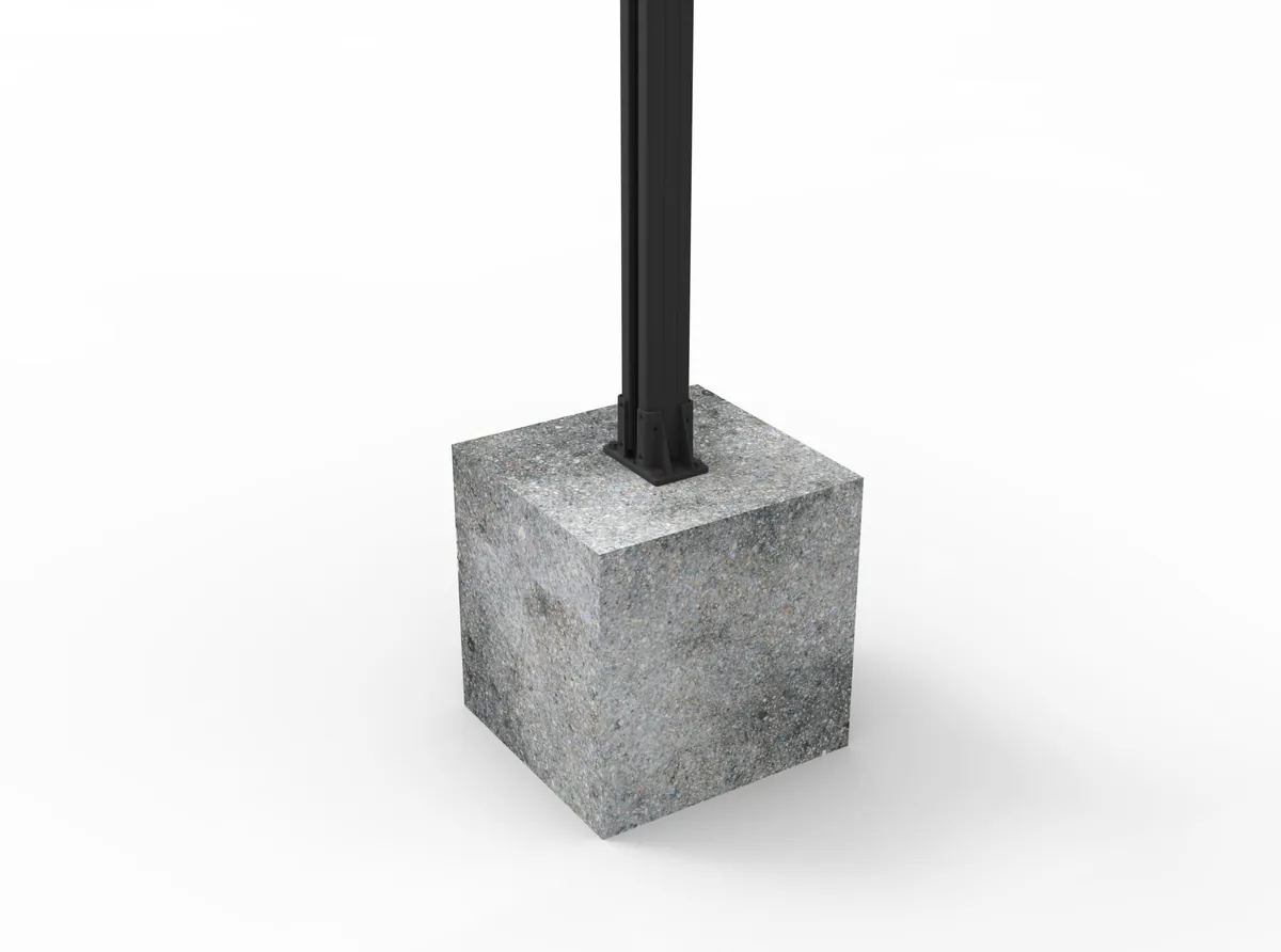 MecoFence concrete surface anchoring — post base anchored to existing concrete slab