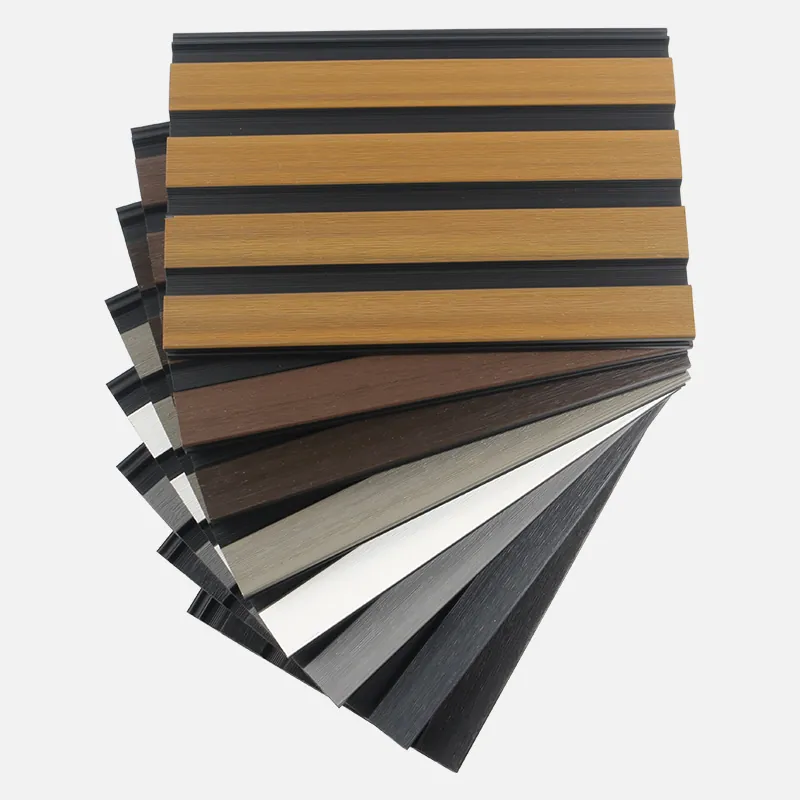 Multi-colored samples of composite fencing boards displaying various wood finish textures for garden fence customization.