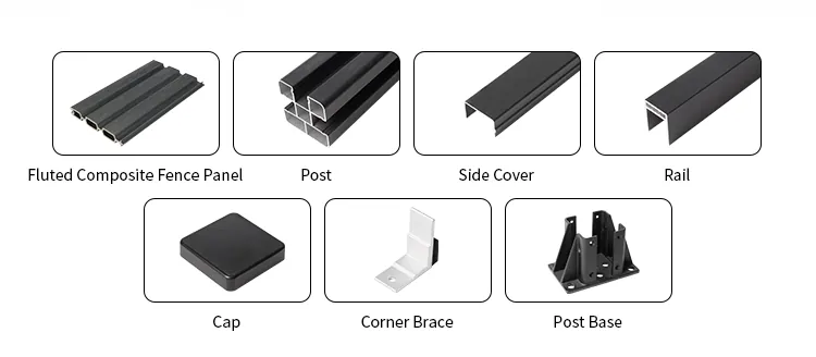 Fluted composite fence system components: panel, post, side cover, rail, cap, corner brace and post base