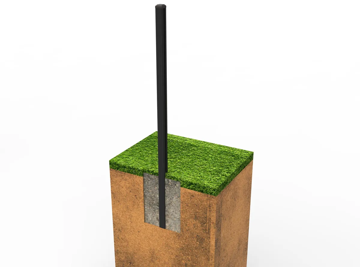 MecoFence post concrete embedment installation — post set directly in soil footing