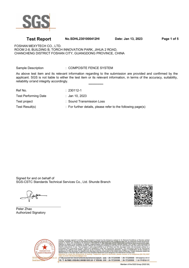 Cover of SGS report SDHL2301000412HI for composite fence sound transmis