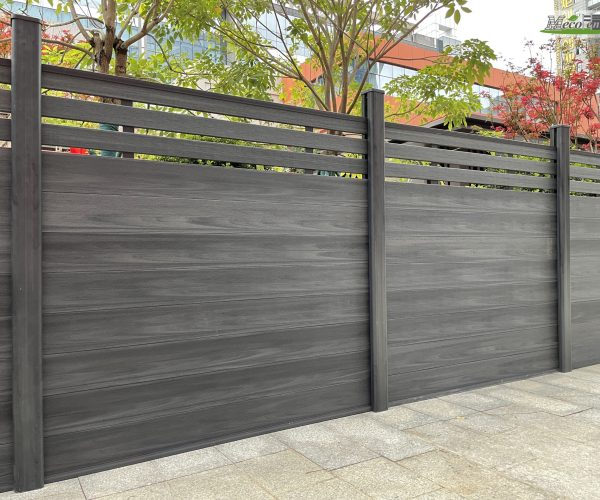 MecoFence Super Kit composite fence with color-matched WPC posts and panels in antique finish, showing seamless all-wood appearance without visible aluminum